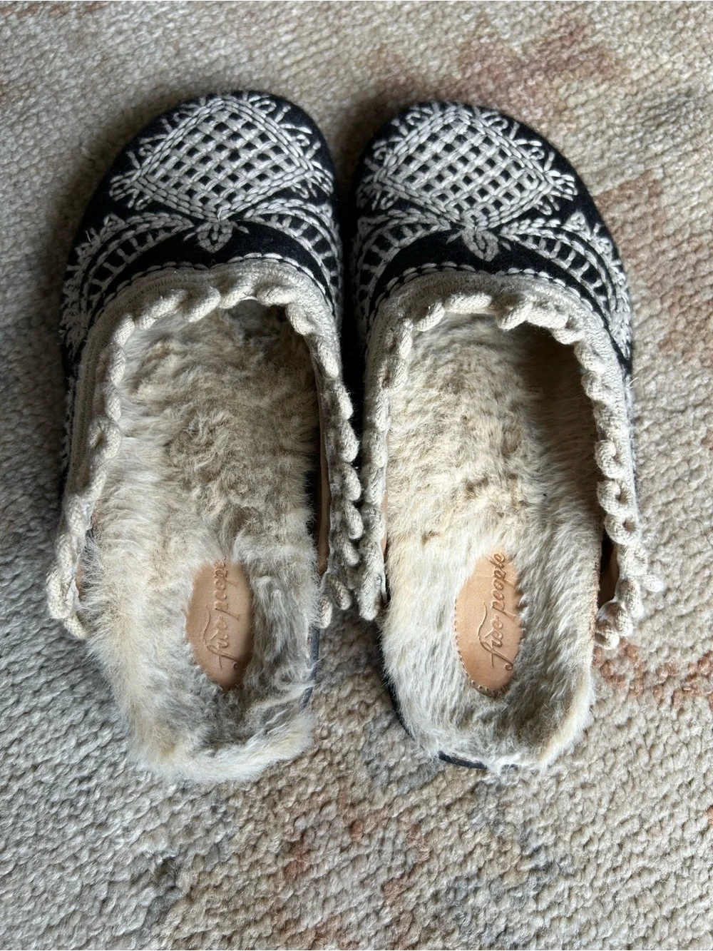 Free People Brown Embroidered Mules Fur Lined Boho Festival Vacation Resortwear